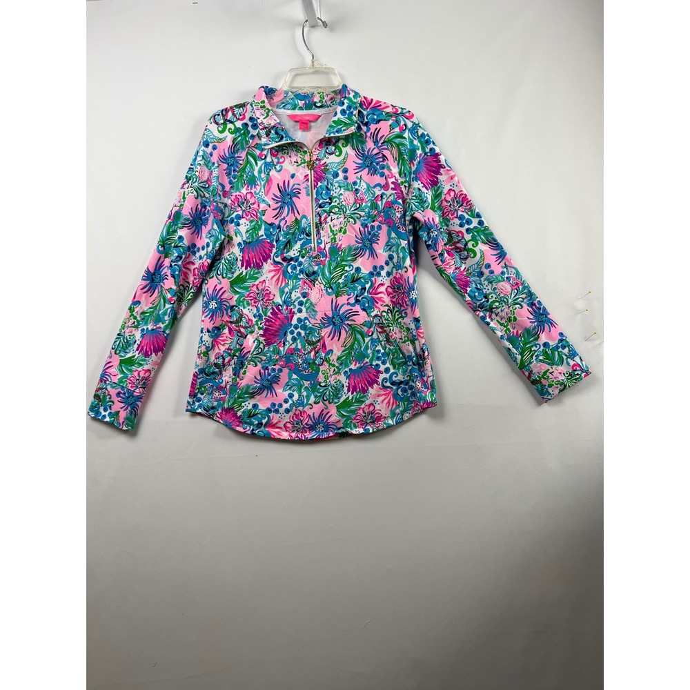 Lilly Pulitzer Popover Women Size M Pink Blue Floral Half Zip Long Sleeve Top